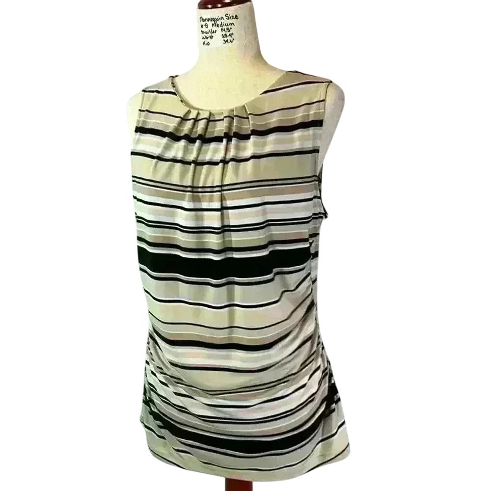Striped Sleeveless Tank Top Neutral Colors Ruched Detail‎ Career Casual